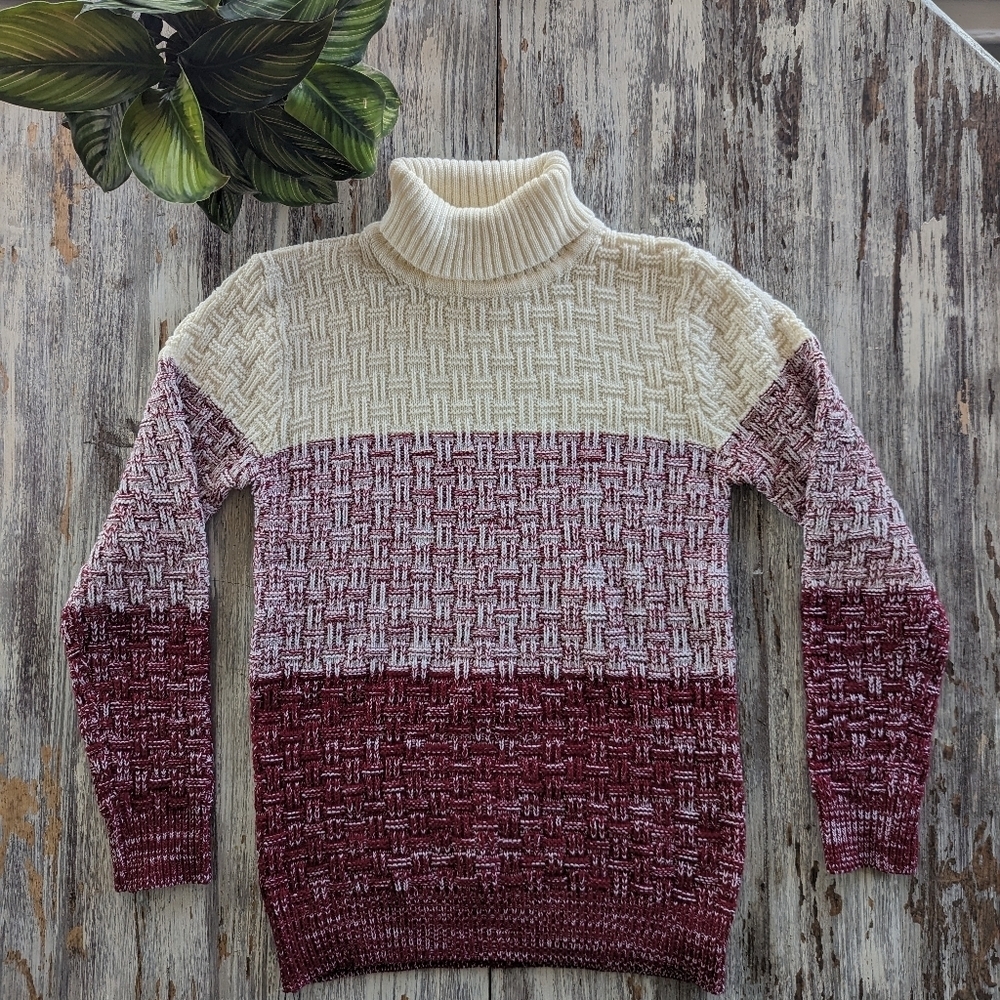 Vintage Color Block Turtleneck Knit Sweater Women's Small Red Cream - Picture 2 of 7